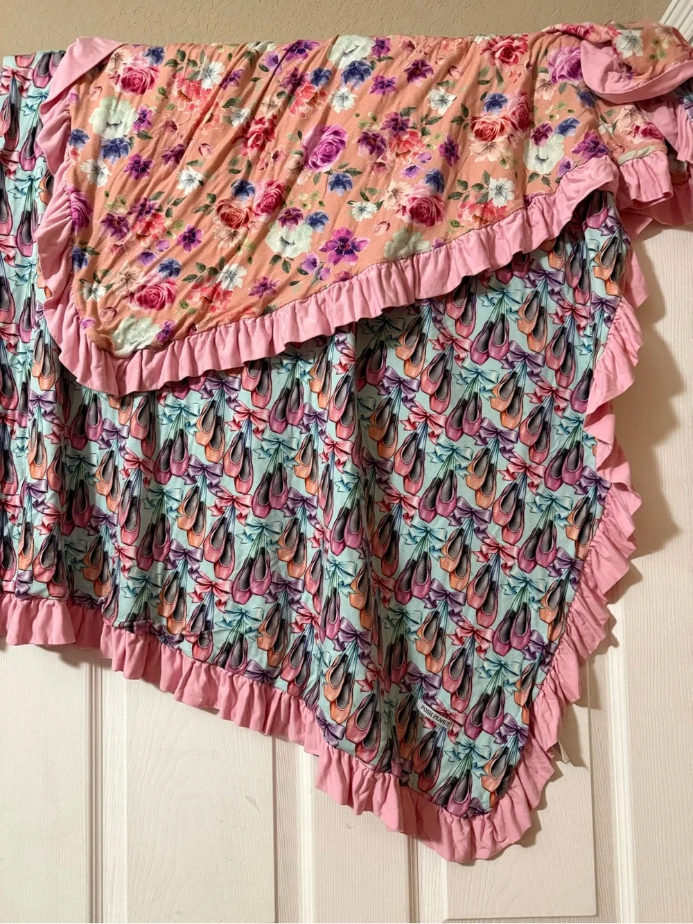 Posh Peanut Peach Floral Throw Blanket with Pink Ruffle
